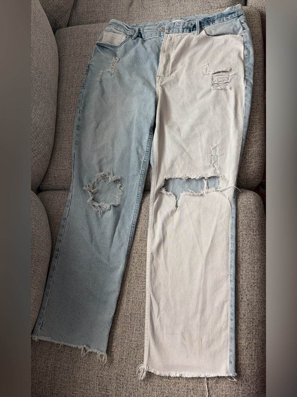 Good American Two-Tone Light Blue & White Distressed Boyfriend Jeans